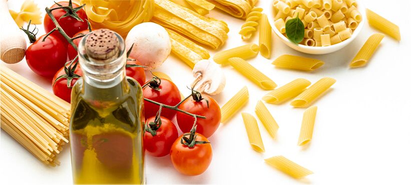 Pastas, tomatoes, olive oil.